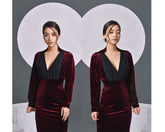 Velvet Bodycon Dress with Draped Deep V-Neckline and Long Sleeves for Evening Elegance